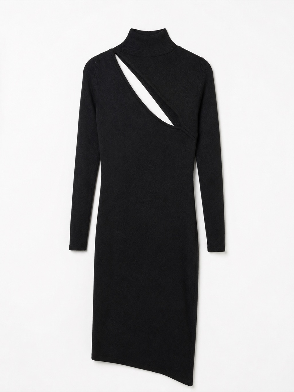 Aqua Black Asymmetric Cutout Long-Sleeve Turtleneck Dress